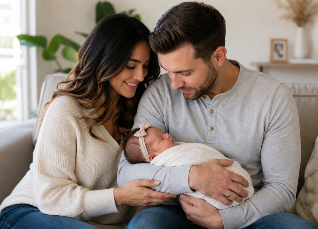 Familia feliz con beb&eacute; FIV con Estudio Gen&eacute;tico